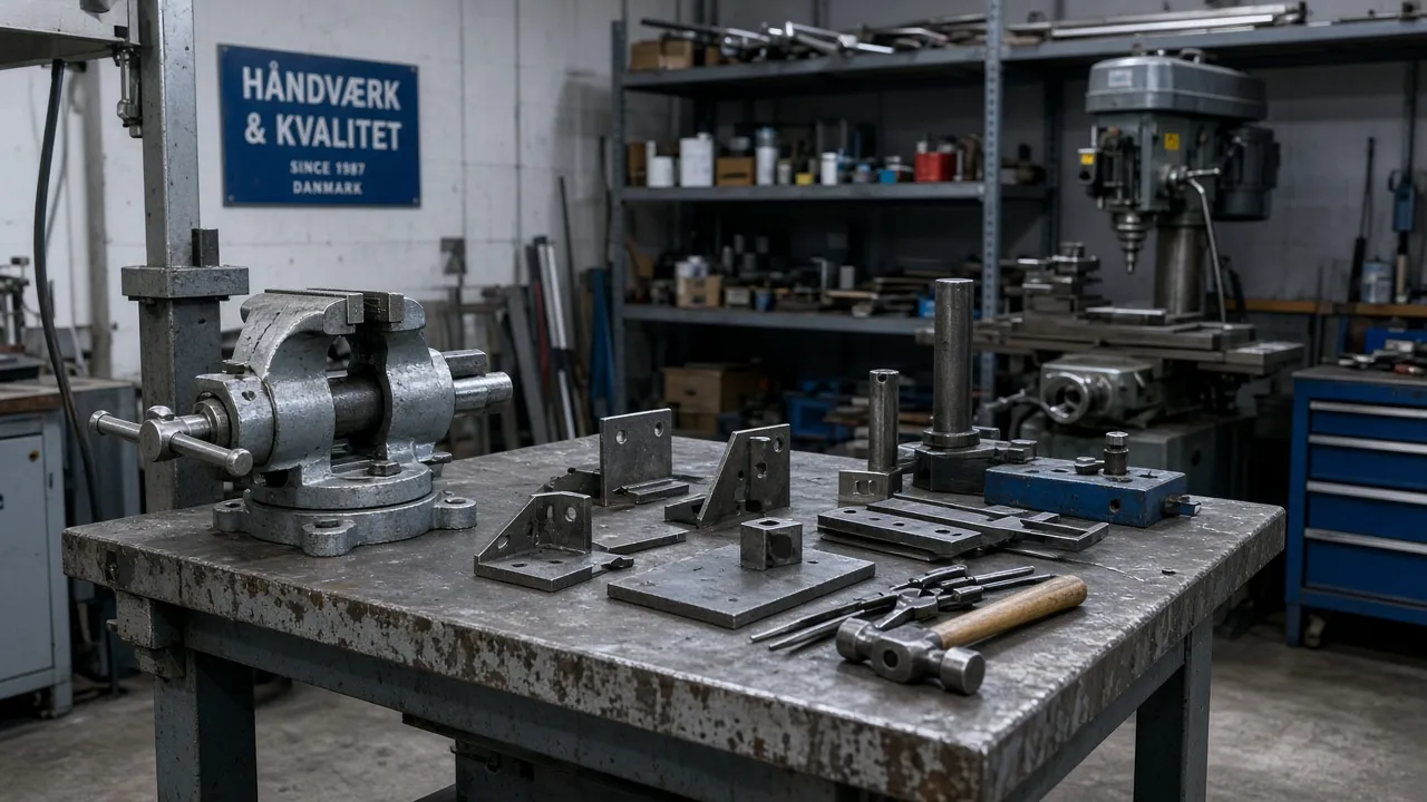 Værkstedsbænk med værktøj og metaldele (illustrativt foto)
